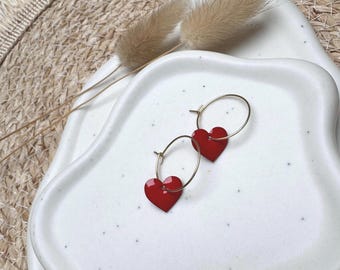 Handmade Enamel Heart Hoop Earrings | Red & Gold | Heart Earrings | Boho Hoop Earrings | Lightweight Statement Earrings | Gift