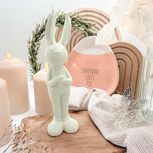 Könnte beinhalten: Eine hellgrüne Hasenfigur mit verschränkten Armen, die auf einem Holzbrett steht. Hinter dem Hasen befindet sich ein rosa-weißer, eiförmiger Teller mit dem Text "SOMEBUNNY LOVES YOU". Kerzen und Grünzeug sind im Hintergrund.