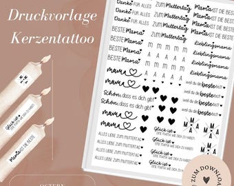PDF Druckdatei Kerzentattoos inkl. Gewerbelizenz - Muttertag - Mama - Kerzenfolie -Kerzensticker -  A4- Download & Selbstausdrucken