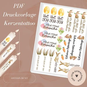 Può includere: Disegni di tatuaggi per candele di Pasqua stampabili con coniglietti, uova e il testo "like you" e "friede freude eiersuche".
