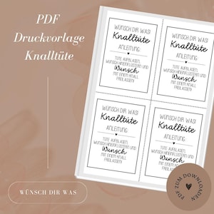Könnte beinhalten: Ein druckbares PDF mit vier Anweisungen für Wunsch-Partygeschenke. Jede Karte ist weiß mit schwarzem Text, einschließlich "Wunsch Dir Was! Knalltüte" und Anweisungen zum Aufblasen des Beutels, Flüstern eines Wunsches und Freigeben mit einem Knall.