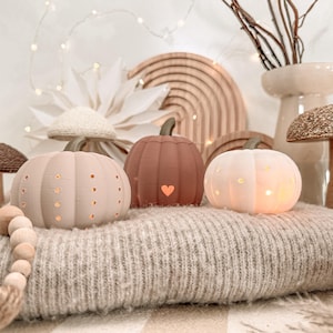 Può includere: Tre piccole luci decorative a forma di zucca nei toni del beige chiaro, terracotta e bianco. Ogni zucca presenta un gambo verde scuro e piccoli intagli, tra cui una forma a cuore su quella color terracotta, che emettono una luce calda.