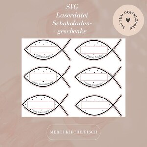 SVG inkl. Gewerbelizenz - Merci - Geschenk - Schokolade - Kirche - Taufe - Kommunion - Konfirmation - Fisch - Gastgeschenk - Download Laser