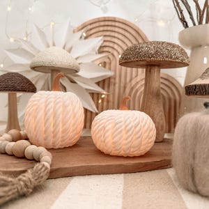 Può includere: Due zucche bianche con una superficie ruvida simile a una corda e piccioli arancioni. Le zucche sono illuminate dall'interno, emettendo una luce soffusa. Sono disposte su un tagliere di legno insieme a perline di legno decorative e ornamenti.