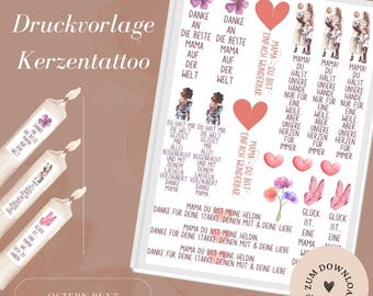 PDF Druckdatei Kerzentattoo inkl. Gewerbelizenz - Mama - Muttertag - bunt - Kerzenfolie/Kerzensticker - A4 - Download & Selbstausdrucken