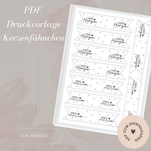 Datei - Fahnen - Kerzen - Anhänger -  'von Herzen/ganz viel Liebe' - Geschenkeanhänger -  PDF Vorlage zum Download und Selbstausdrucken