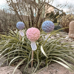 May include: Three decorative garden stakes with spherical flower-like tops in shades of pink and blue. Each stake has a small tag with text. The stakes are placed in a bed of green and white striped grass.