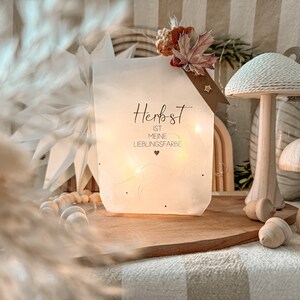 Op de afbeelding: Een witte papieren lantaarn met de tekst "Herbst ist meine Lieblingsfarbe" en een hartje, verlicht door lichtslingers. De lantaarn is versierd met herfstbladeren en een houten ster. De scène bevat houten paddenstoelen en een decoratieve ster.