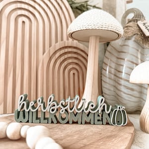 May include: A wooden sign reading "herbstlich WILLKOMMEN" in white and green, featuring a pumpkin graphic. The sign sits on a wooden board, with wooden mushroom decorations and a decorative pumpkin in the background.