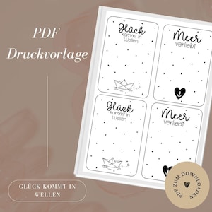 Modèle d'impression - fichier - carte cadeau - amoureux de la mer - maritime - le bonheur vient par vagues - modèle PDF à télécharger et à imprimer soi-même
