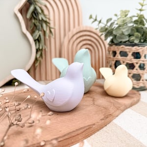 Op de afbeelding: Drie pastelkleurige vogelbeeldjes op een houten plank. De vogels zijn lichtpaars, mintgroen en geel. Elke vogel heeft een hartdetail. Decoratieve items staan op de achtergrond.