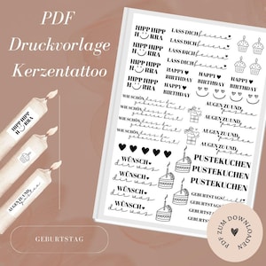 PDF print file candle tattoos including commercial license - Birthday Happy Birthday - candle foil - candle stickers - A4 - download & print yourself
