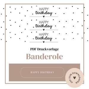 Datei - Banderole  'Happy Birthday' - Geburtstag - A4 - 5 Banderolen -  PDF Vorlage zum Download und Selbstausdrucken