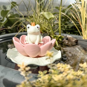 Könnte beinhalten: Eine weiße Froschfigur mit goldener Krone, die auf einer rosa Lotusblume sitzt. Die Blume schwimmt auf einem Seerosenblatt im Wasser. Der Frosch hat große, runde Augen. Der Hintergrund zeigt Grün und ein Wasserspiel.