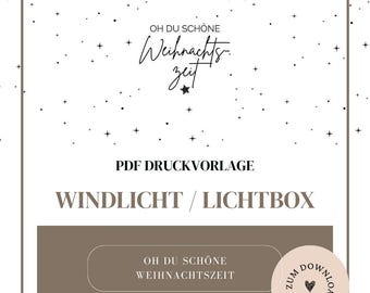 Puede incluir: Una plantilla PDF digital para una lámpara de viento o caja de luz. El diseño presenta el texto "OH DU SCHÖNE Weihnachtszeit" en escritura elegante, con un acento de estrella. El fondo es blanco con pequeños patrones de estrellas.