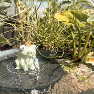 May include: A light green frog figurine with a small orange crown on its head, positioned on a circular base. The frog has large white eyes with black pupils and a clear, curved spout extending from its mouth, emitting a steady stream of water.