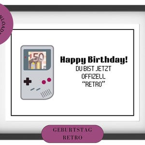 Bestand - geldcadeau verjaardag - grappig verjaardagscadeau - retro - Game Boy - A4 PDF-sjabloon om zelf te downloaden en af te drukken