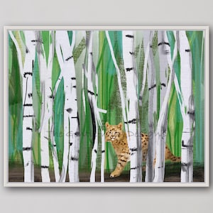 Bobcat in birch forest wall decor, bobcat home decor, printable lynx digital download, lynx gift, DIY print, bobcat wall art