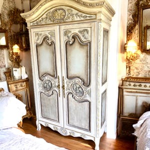 French Provincial Armoire | Antique Style Wardrobe | Shabby Chic Ornate Cabinet | Rococo Armoire | Vintage Bedroom Furniture