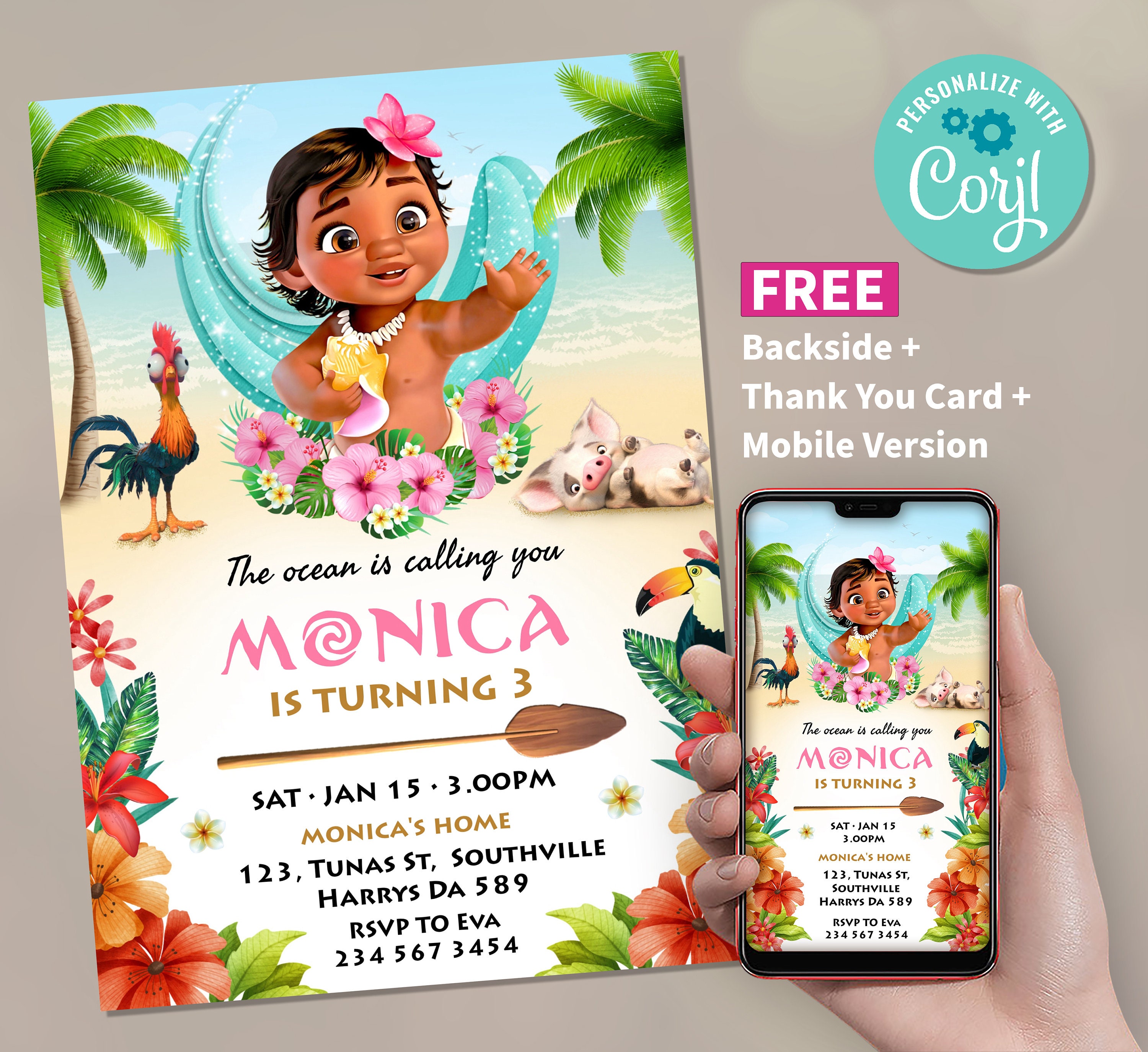 Baby Moana Birthday Invitation Girl Electronic Thank You Card - Etsy