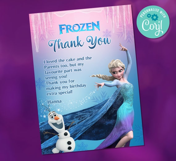 Frozen Birthday Thank You Card Girl Printable Editable Etsy Ireland