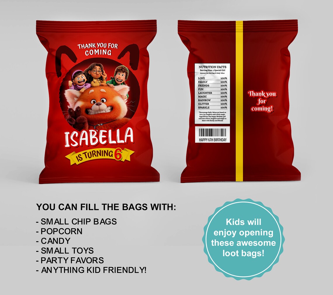 Turning Red Chip Bag Chip Bag Wrapper Label. Turning Red Etsy Schweiz