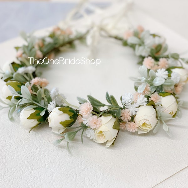 Ivory white flower crown, blush pink flower crown, bridal shower,white floral headband, babys breath halo,Summer wedding flower