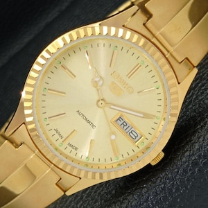 Golden Dial Refurbished Vintage Seiko 5 Automatic 6309a Japan Mens Day/Date Gold Plated Watch a425919-a