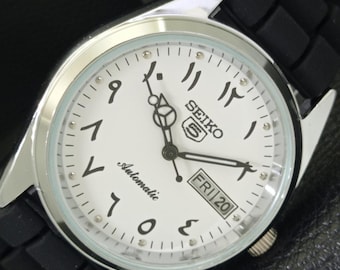 Vintage Seiko 5 Automatik 6309A Refurbished Japan Herren Day / Date Arabisch Weiße Farbe Zifferblatt Transparent Zurück Armbanduhr A441204-1