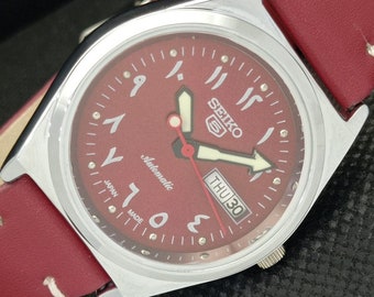 Vintage refurbished Seiko 5 automatic 6309a Japan mens day/date arabic maroon dial watch a307304-4