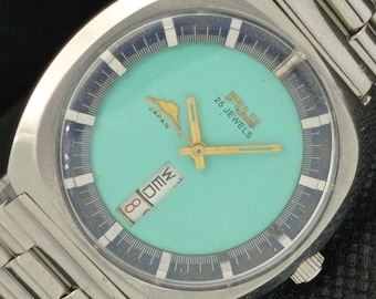 Day/Date @ 6 Vintage Fuji Automatic Japan Mens Sea Green Dial Wrist Watch 607-a314718-4
