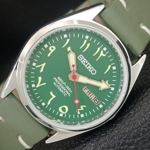 Reloj de pulsera Seiko vintage automático reacondicionado Japón 6309a para hombre, esfera verde árabe, día/fecha, fondo transparente a442720-1