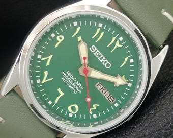 Vintage Seiko Automatic Refurbished Japan 6309a Mens Arabic Green Color Dial Day/Date Transparent Back Wrist Watch a442720-1