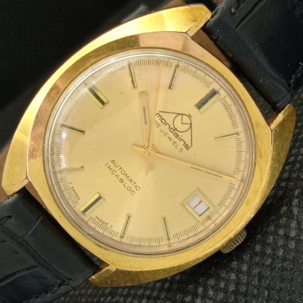 Vintage Mondaine automatic 25 jewels incabloc Swiss mens date gold plated watch 606-a314529-1