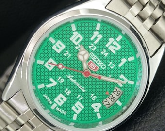 Reloj de pulsera Seiko 5 automático vintage reacondicionado, Japón 6309a, para hombre, con fecha, esfera verde y fondo transparente, a443704-1