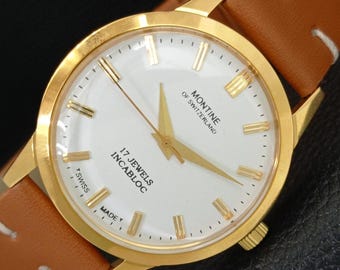 Vintage Montine Hand-Winding 17 Jewels Swiss Mens Refurbished Gold Plated White Color Dial Wrist Watch a444155-1