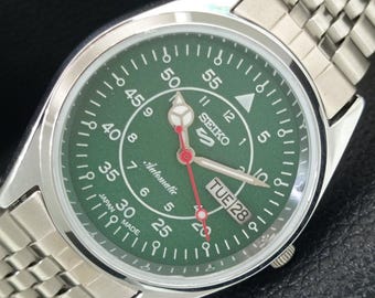Vintage Seiko 5 Automatic 6309a Refurbished Japan Mens Day/Date Green Color Dial Transparent Back Wrist Watch a442285-1