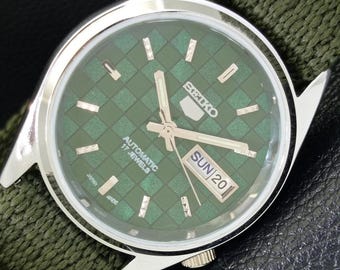Vintage Seiko 5 Automatic Refurbished Japan 6309a Mens Day/Date Green Color Dial Transparent Back Wrist Watch a440414-1