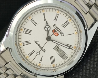 Vintage refurbished Seiko 5 automatic 7009a Japan mens day/date white dial watch 610b-a317932-1