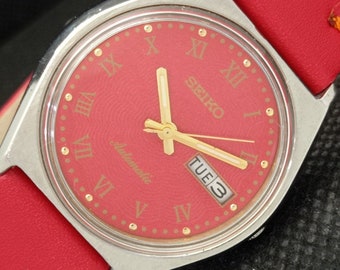 Vintage Seiko automático 6309a Japón hombre día/fecha reloj de esfera roja 608h-a316773-1