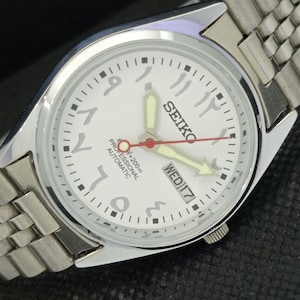 Vintage refurbished Seiko 5 automatic 6309a Japan mens day/date arabic white dial watch a308530-4