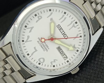 Vintage refurbished Seiko 5 automatisch 6309a Japan heren dag/datum Arabische witte wijzerplaat horloge a308530-4