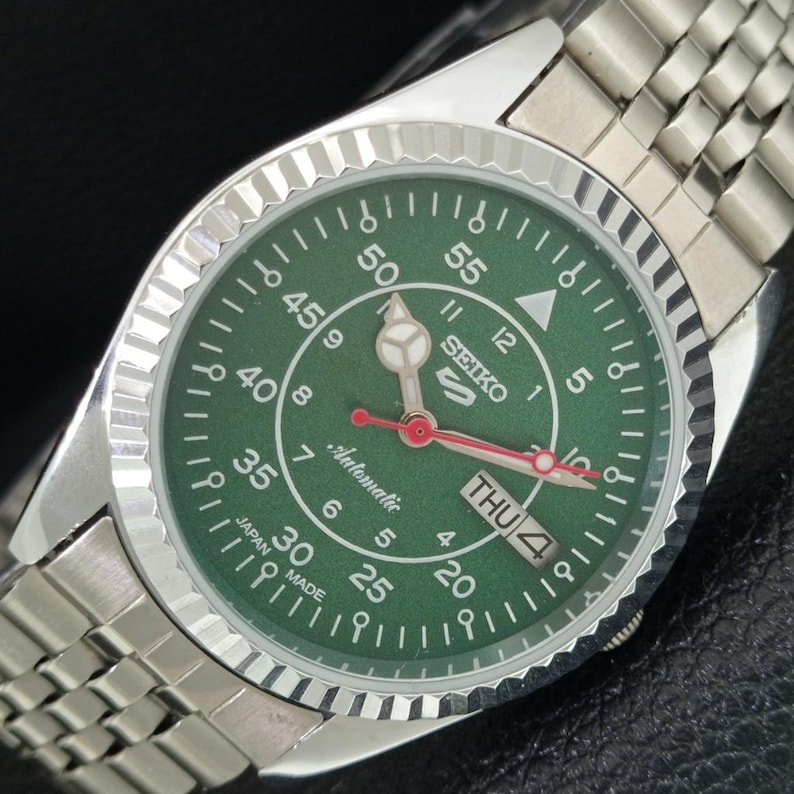 Vintage Seiko 5 Automatic 6309a Japan Refurbished Mens Day/Date Green Color Dial Transparent Back Wrist Watch a442908-1 image 1