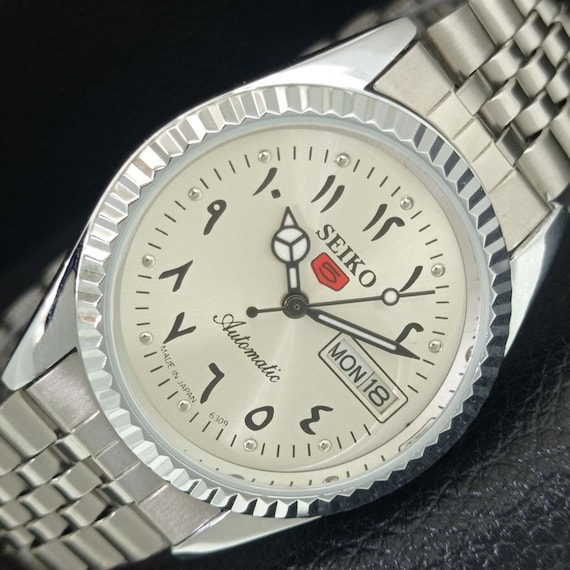 Vintage Seiko 5 Automatic Refurbished Japan 6309a Mens Day/Date Arabic Silver Color Dial Transparent Back Wrist Watch a442467-1