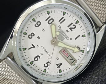 Vintage Seiko 5 Automatic 6309a Refurbished Japan Mens Day/Date White Color Dial Transparent Back Wrist Watch a441674-1