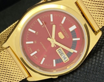 Vintage refurbished Seiko 5 automatic 6309a Japan mens day/date gold plated red dial watch a309504-1