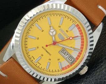 Klasyczny zegarek Seiko 5 Automatic 6309a, odnowiony, japoński, męski, z datą i żółtym cyferblatem, z przezroczystym tyłem, a440709-1