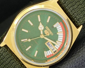 Vintage Seiko 5 Automatic 6309a Refurbished Japan Mens Day/Date Green Color Dial Transparent Back Wrist Watch a440693-1
