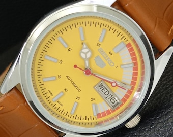 Reloj de pulsera automático vintage Seiko 5 6309a, reacondicionado, japonés, para hombre, con día/fecha, esfera amarilla, fondo transparente, a440744-1