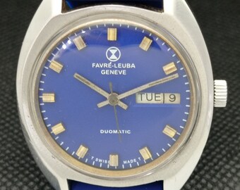 Vintage Favre Leuba Geneve Duomatic Swiss Mens Day/date Blue